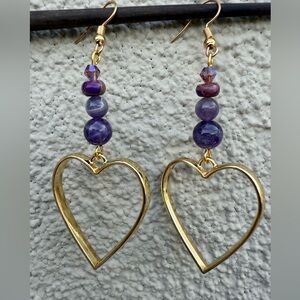 Chic Gold Heart Earrings with Purple Beads